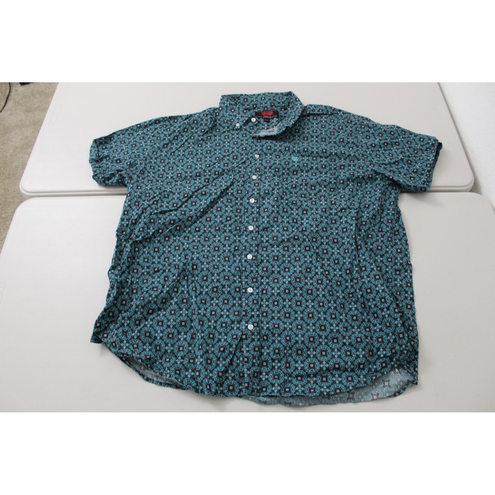 Rock & Roll Denim Mens XXL Teal Geometric Medallion Short Sleeve Button Shirt
